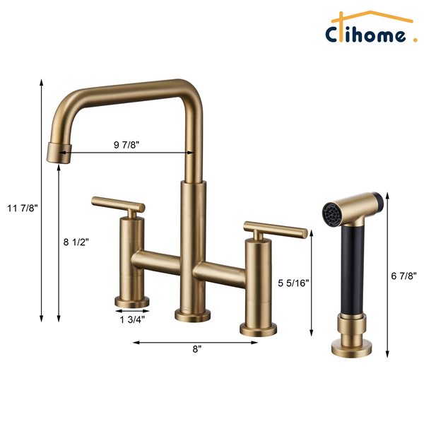Clihome Brushed Gold Pull-Down Double Handle Kitchen Faucet With Sprayer