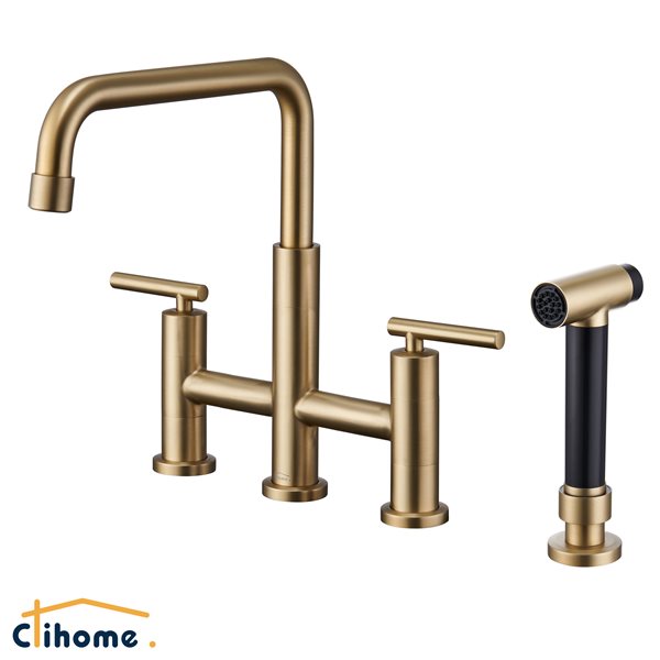 Clihome Brushed Gold Pull-Down Double Handle Kitchen Faucet With Sprayer