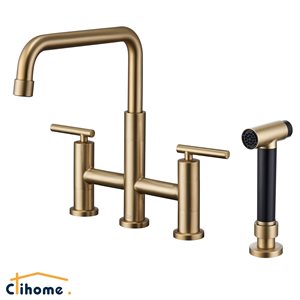 Clihome Brushed Gold Pull-Down Double Handle Kitchen Faucet With Sprayer