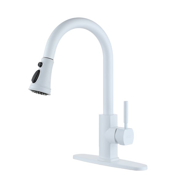 Clihome Matte White 3-Function Single-Handle Pull-Down Spout Kitchen Faucet With Base Plate