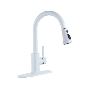 Clihome Matte White 3-Function Single-Handle Pull-Down Spout Kitchen Faucet With Base Plate