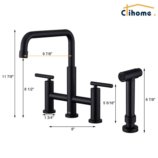 Clihome Matte Black Pull-Down Double Handle Kitchen Faucet With Sprayer