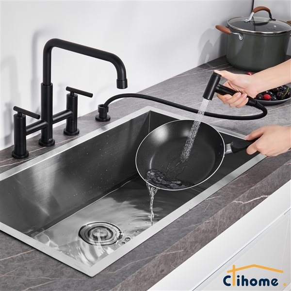 Clihome Matte Black Pull-Down Double Handle Kitchen Faucet With Sprayer
