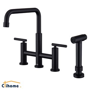 Clihome Matte Black Pull-Down Double Handle Kitchen Faucet With Sprayer