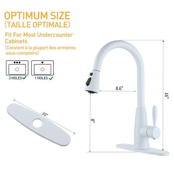 Clihome Matte White 3-Function 1-Handle Pull-Down Spout Kitchen Faucet