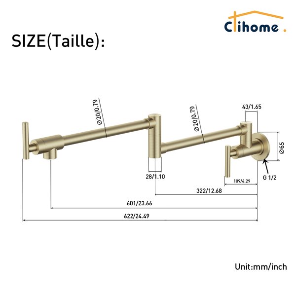 Clihome Brushed Gold Wall Mounted Pot Filler Kitchen Faucet