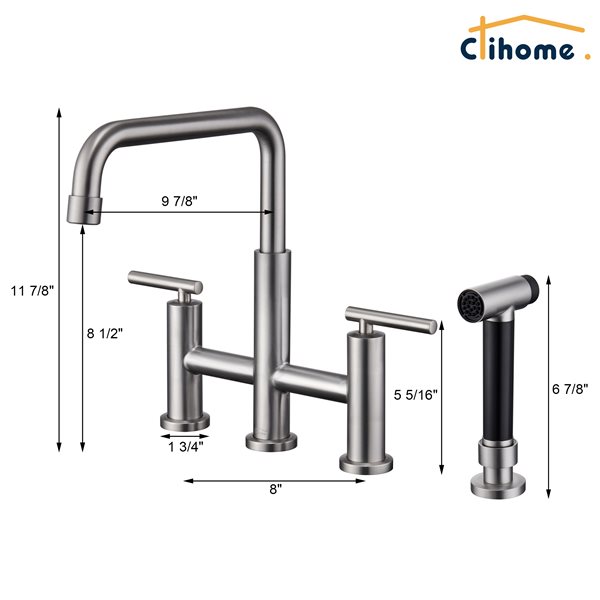 Clihome Brushed Nickel Pull-Down Double Handle Kitchen Faucet With Sprayer