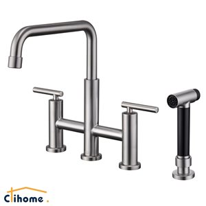 Clihome Brushed Nickel Pull-Down Double Handle Kitchen Faucet With Sprayer