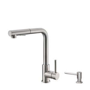 Stylish Single Handle Pull Down Kitchen Faucet with Soap Dispenser in Stainless Steel