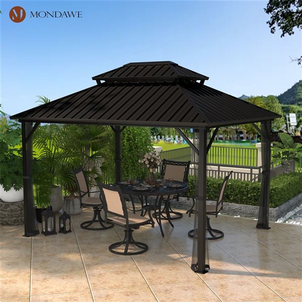 Mondawe 10 x 12-ft Black Aluminum Rectangular Gazebo with Netted Curtains