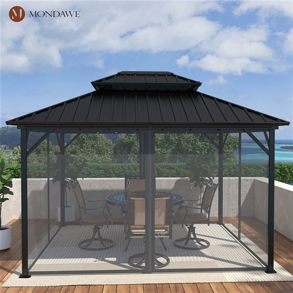 Mondawe 10 x 12-ft Black Aluminum Rectangular Gazebo with Netted Curtains