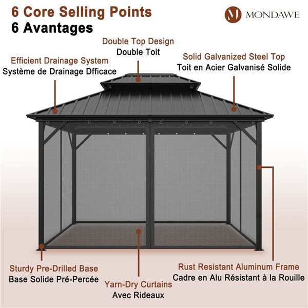 Mondawe 10 x 12-ft Black Aluminum Rectangular Gazebo with Netted Curtains