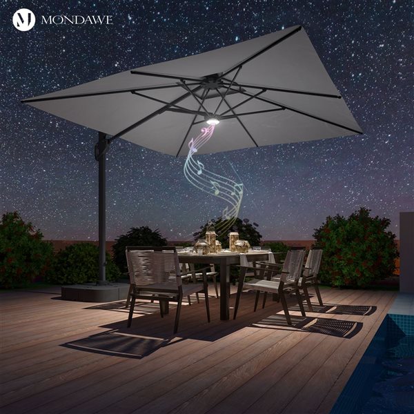 Mondawe 10-ft Grey Offset No-Tilt Patio Umbrella  with Base and Bluetooth Ambient Light
