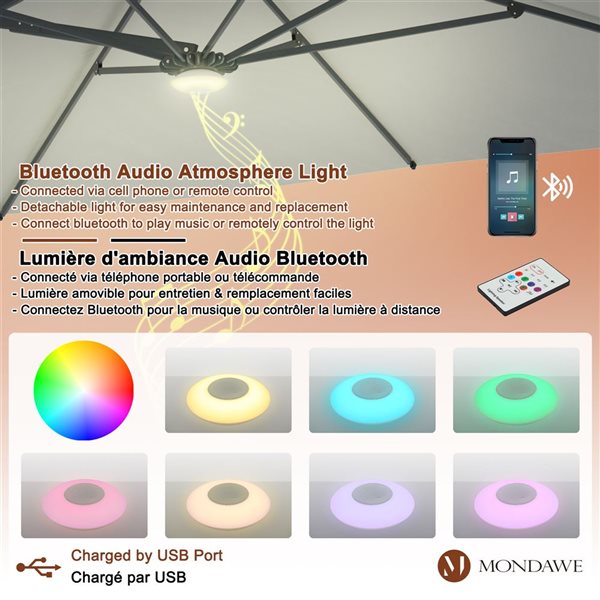 Mondawe 10-ft Grey Offset No-Tilt Patio Umbrella  with Base and Bluetooth Ambient Light