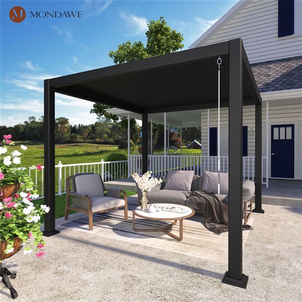 Mondawe 10 x 10-ft Black Aluminium Freestanding Pergola with Adjustable Roof
