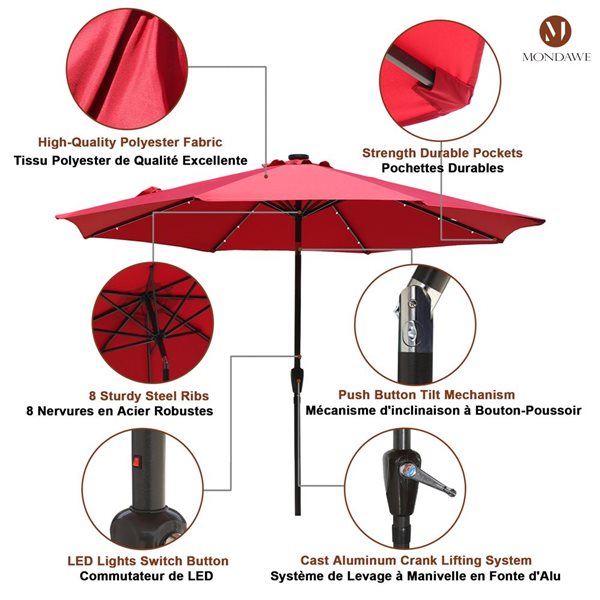 Mondawe 10-ft Red Push-Button Patio Umbrella with LED Lights