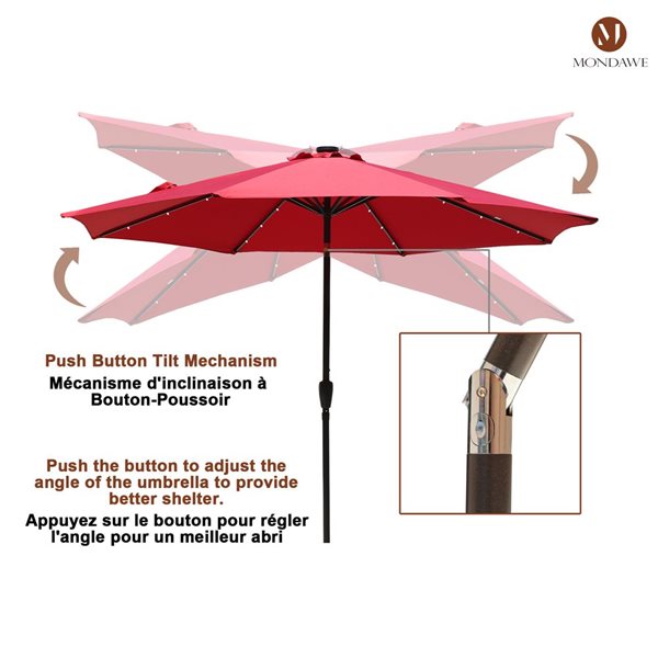 Mondawe 10-ft Red Push-Button Patio Umbrella with LED Lights