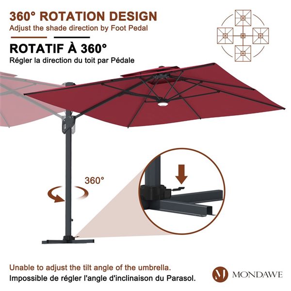 Mondawe 10-ft Wine Red Offset No-Tilt Patio Umbrella with Bluetooth Ambient Light