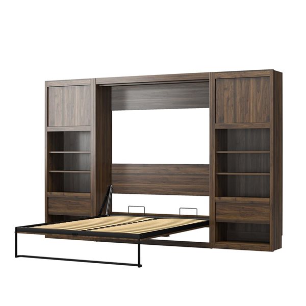 Signature Sleep Paramount Full Wall Bed & 2 Side Cabinets with Storage Bundle, Walnut