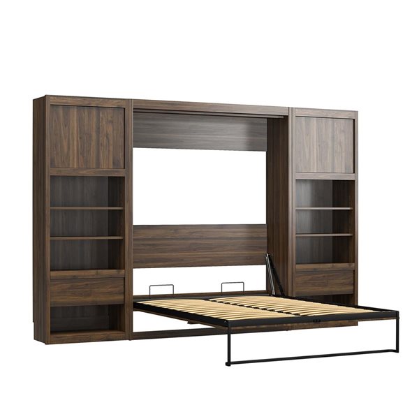 Signature Sleep Paramount Full Wall Bed & 2 Side Cabinets with Storage Bundle, Walnut