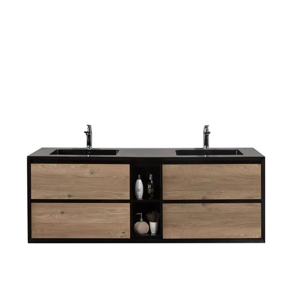 GEF Floy 74.8-in Black And Rough Oak Double Sink Bathroom Vanity with Black  Engineered Stone Top