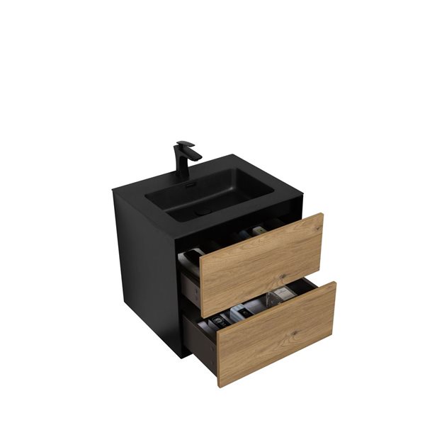GEF Floy 23.6-in Black And Rough Oak Single Sink Bathroom Vanity with Black Engineered Stone Top
