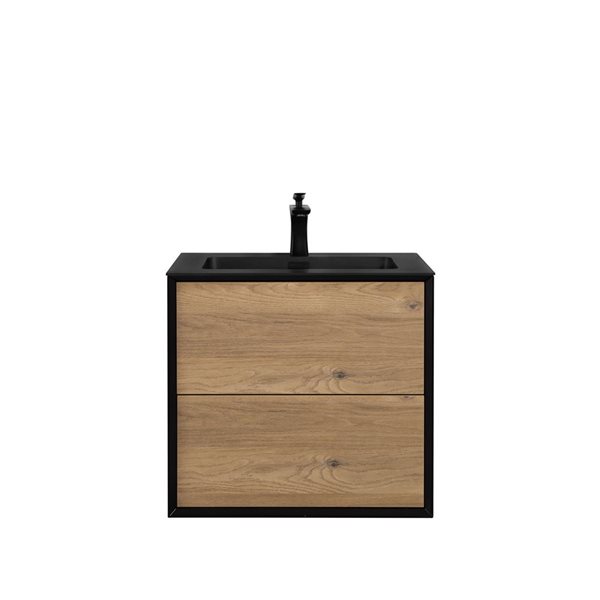 GEF Floy 23.6-in Black And Rough Oak Single Sink Bathroom Vanity with Black Engineered Stone Top
