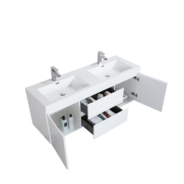 GEF Almere 59.1-in White Double Sink Bathroom Vanity with White Polymarble Top