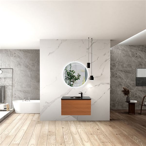 Meuble-lavabo monobloc en chêne clair à plan en pierre d'ingénierie noire 35,67 po Samantha de GEF