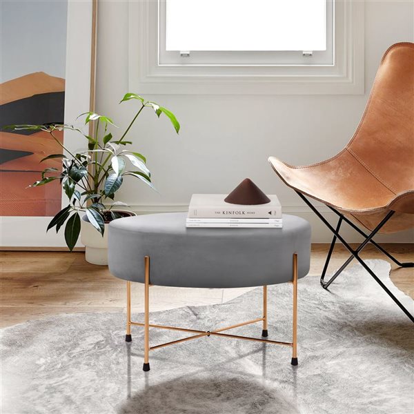 Homycasa Dunham Grey Velvet Gold Leg Ottoman 24in 0000500017044 RONA