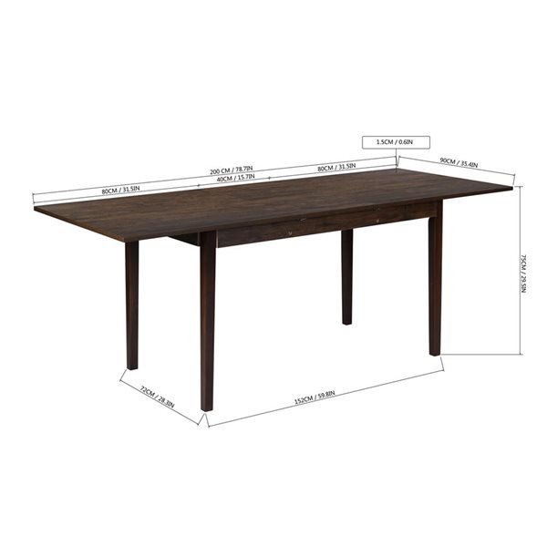 FurnitureR Modern Dining Table Rectangle with Extension Walnut 63-in to 78-in