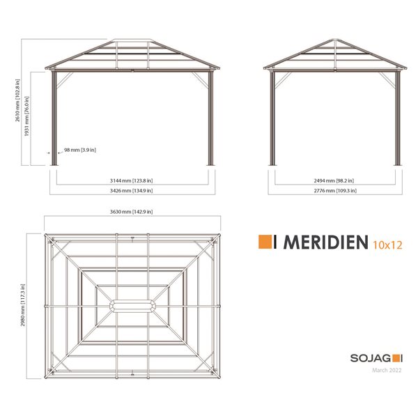 Sojag Meridien 10 x 12-in Charcoal Grey Metal Rectangular Gazebo with polycarbonate Roof