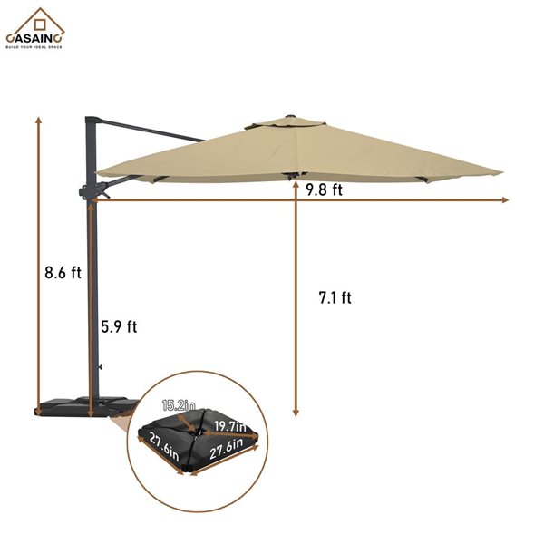 CASAINC 10-ft Square Cantilever Patio Umbrella in Beige - Base Included