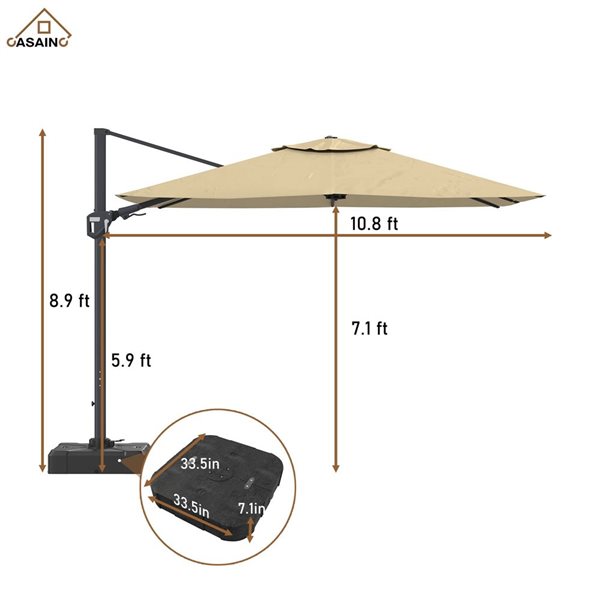 CASAINC 11-ft Beige Square Cantilever Patio Umbrella - Base Included