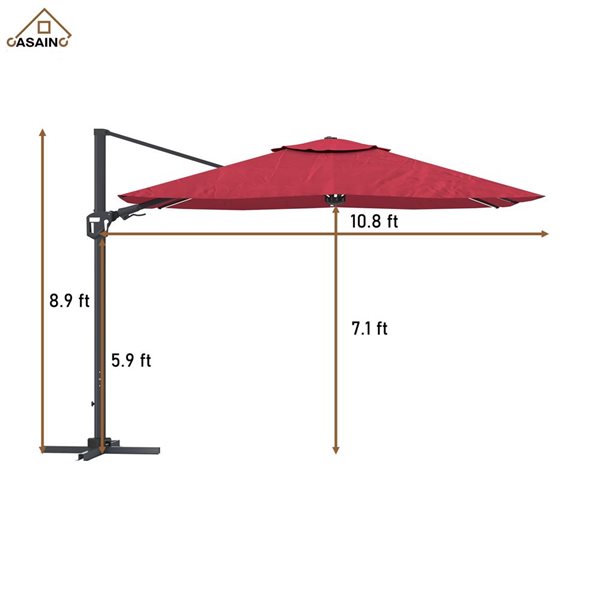 CASAINC 11-ft Red Cantilever Patio Umbrella with LED Light