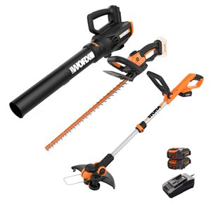WORX 20V Max Cordless String Trimmer, Hedge Trimmer and Leaf Blower Combo Kit