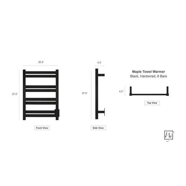 Chauffe-serviettes Maple 8 WarmlyYours câblé avec 8 barres en noir mat poli, 20,4 po