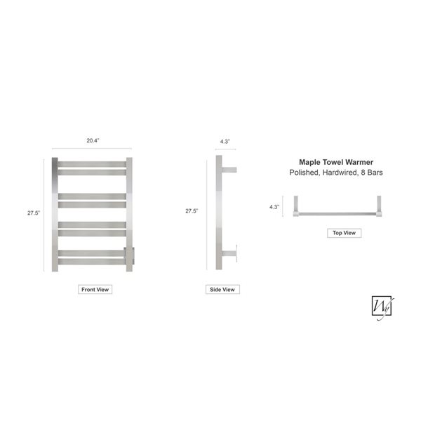 Chauffe-serviettes Maple 8 WarmlyYours câblé avec 8 barres en acier inoxydable poli, 20,4 po