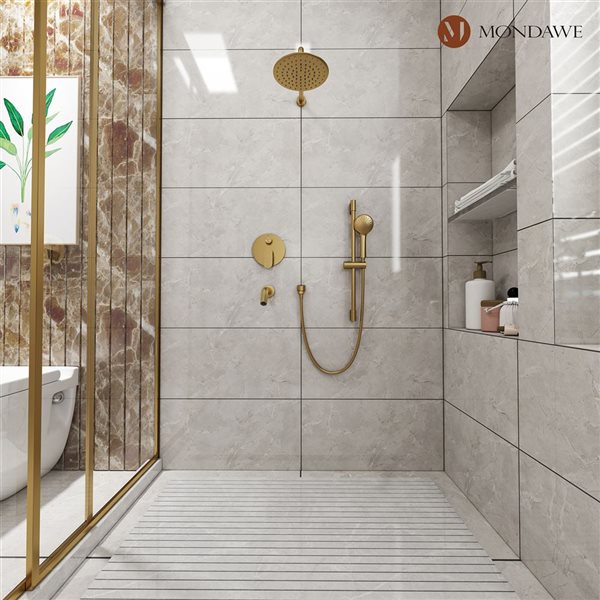 Mondawe 3-Function Wall Mounted Brushed Gold Rainfall Shower System with Spout