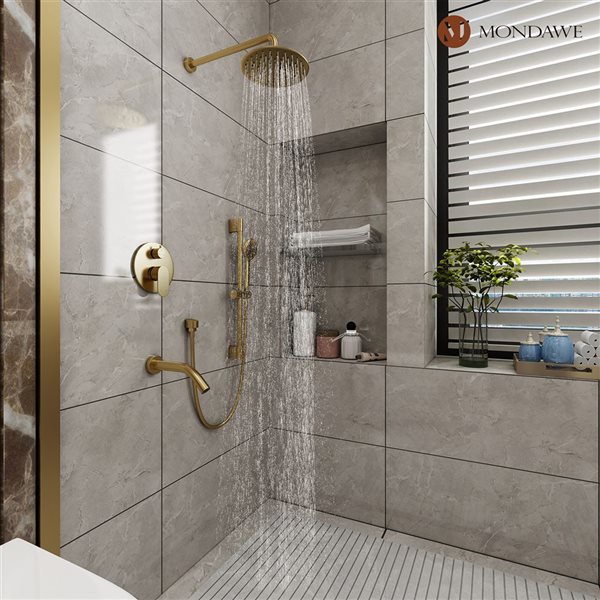 Mondawe 3-Function Wall Mounted Brushed Gold Rainfall Shower System with Spout