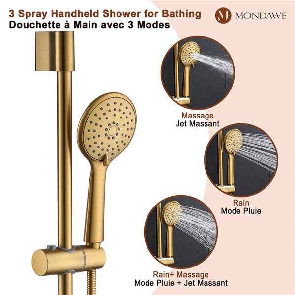 Mondawe 3-Function Wall Mounted Brushed Gold Rainfall Shower System with Spout