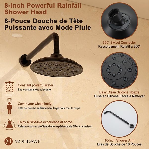 Mondawe 3-Function Wall Mounted Oil-Rubbed Bronze Built-in Rainfall Shower System with Tub Spout