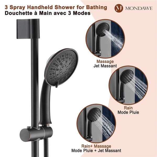 Mondawe 3-Function Wall Mounted Oil-Rubbed Bronze Built-in Rainfall Shower System with Tub Spout