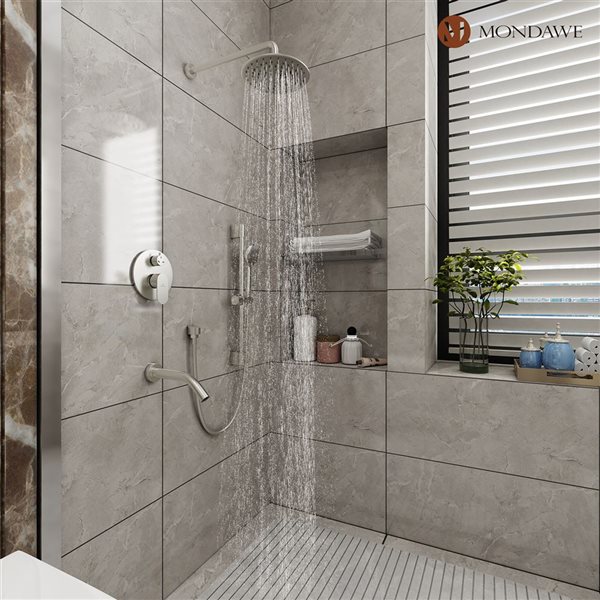 Mondawe 3-Function Wall Mounted Brushed Nickel Rainfall Shower System with Spout