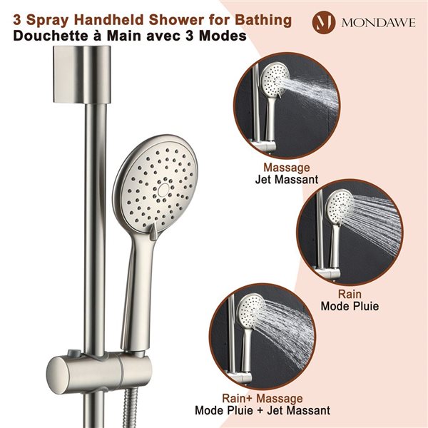 Mondawe 3-Function Wall Mounted Brushed Nickel Rainfall Shower System with Spout