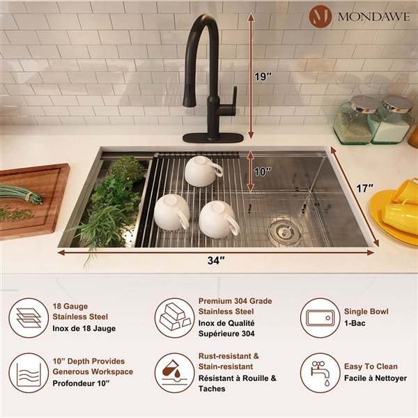 Mondawe Undermount 36 x 19-in Brushed Stainless Steel Single Bowl Workstation Kitchen Sink