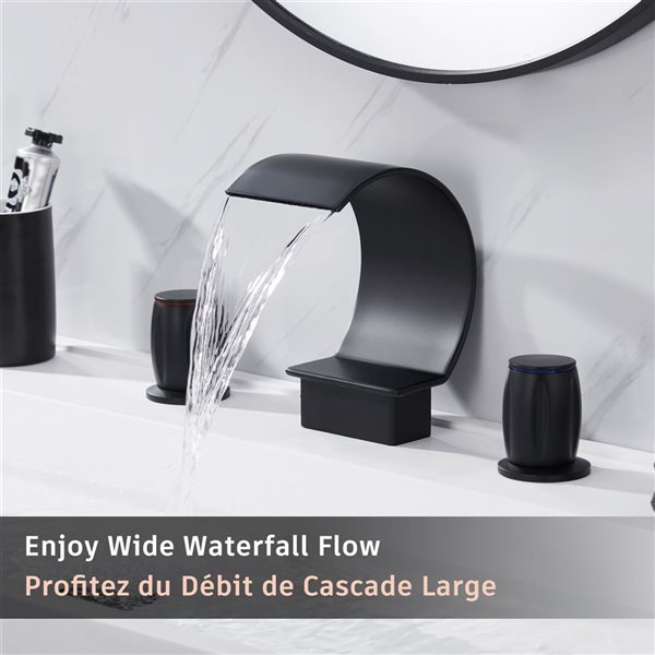 Mondawe Matte Black 2-handle Widespread Arc Waterfall Bathroom Sink Faucet