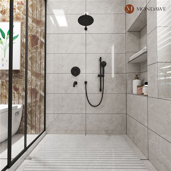 Mondawe 3-Function Wall Mounted Matte Black Rainfall Shower System with Spout