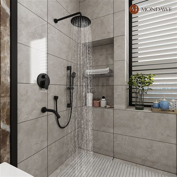 Mondawe 3-Function Wall Mounted Matte Black Rainfall Shower System with Spout