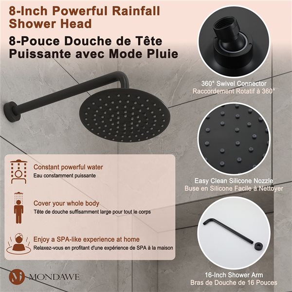 Mondawe 3-Function Wall Mounted Matte Black Rainfall Shower System with Spout